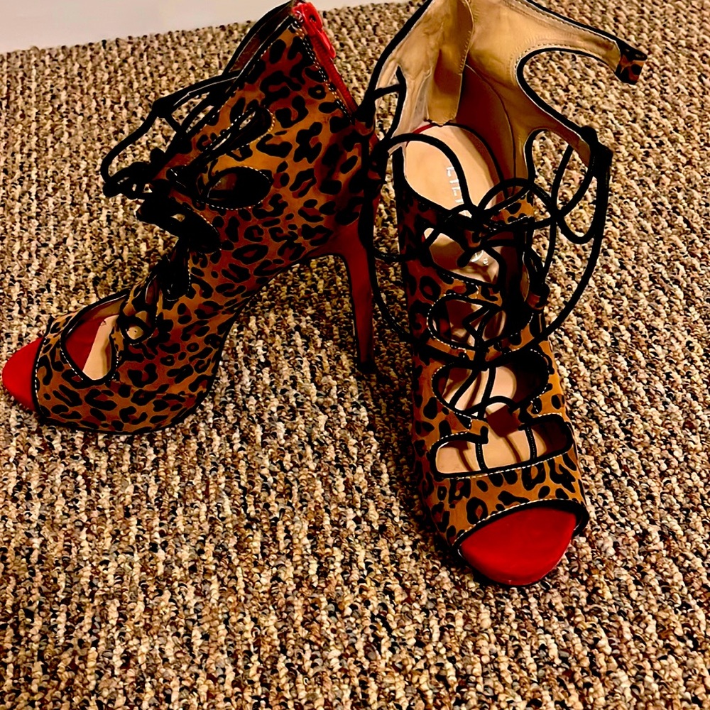 Leopard print high heeled stiletto strap